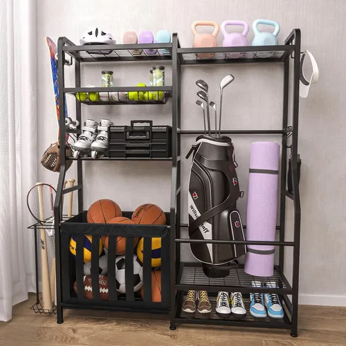 Miniatura 6 de Faesun Organizador de equipos deportivos de garaje, estante de almacenamiento para bolsas de golf, soporte de pelota resistente con cesta y ganchos