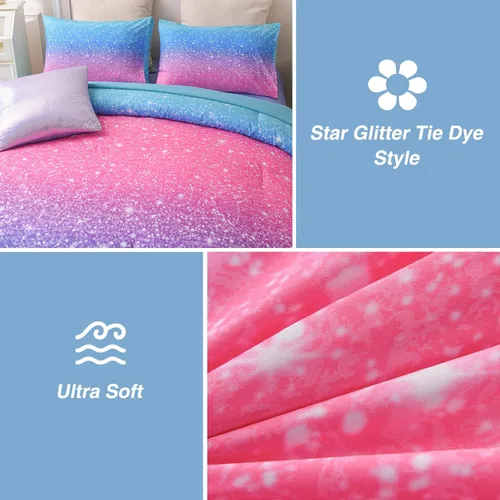 Miniatura 3 de A Nice Night Juego de ropa de cama de 6 piezas con purpurina degradada para niñas, tamaño Twin, juego de edredón colorido de galaxia arcoíris, Azul