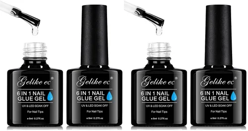 gelike ec Gel de pegamento de uñas 6 en 1: 2 esmaltes de uñas de gel para uñas a presión, pegamento de uñas fuerte, fácil y de larga duración para