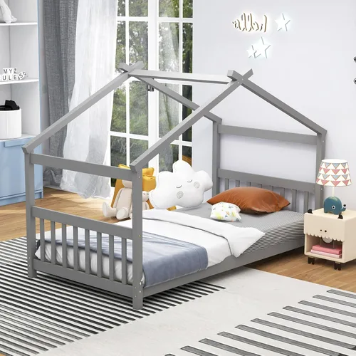 KOMFOTT Cama de Casa de Madera Twin para Niños, Marco de Cama de Piso de Perfil Bajo con Techo, Cabecera y Pie de Cama para Niños y Niñas, No