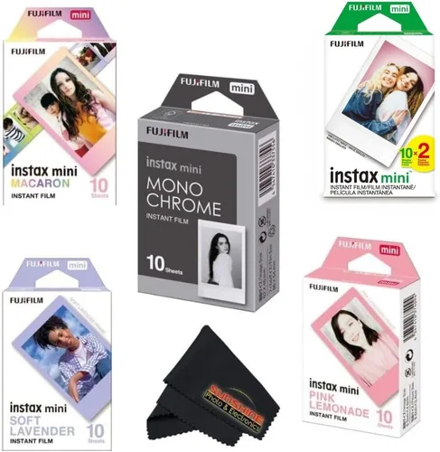 Fujifilm Paquete variado de películas Instax Mini, 60 hojas en total, macarrón, monocromo, blanco, lavanda suave y limonada rosa para cámaras Instax