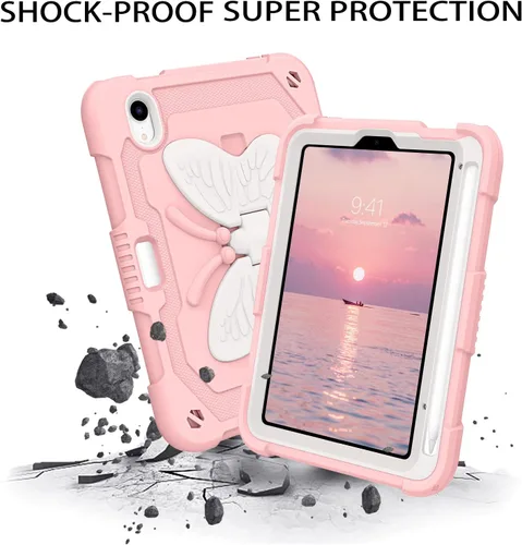 Miniatura 4 de DUEDUE Funda para iPad mini 7 (A17 Pro) 2024, iPad mini 6 2021, alas de mariposa con soporte para lápiz, funda protectora a prueba de golpes