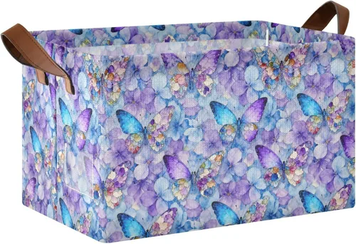 Dreamlike Butterfly Purple Flowers Storage Baskets for Shelves Closet Storage Bins with Handles Shelves Closet Books for Books cajas organizadoras