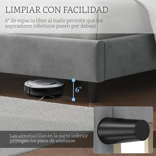 Miniatura 6 de Yaheetech Armazón de Cama Full Tapizado Cama de Plataforma con Cabecera Acolchada con Alas Laterales/Soporte de Listones de Madera Resistente/No