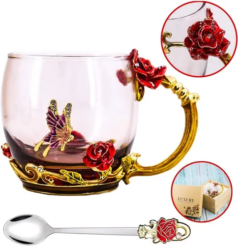 Miniatura 4 de Luka Tech - Tazas de café de vidrio sin plomo con mariposa y flores esmaltadas, taza de té con cuchara de acero, regalos personalizados para Rosa