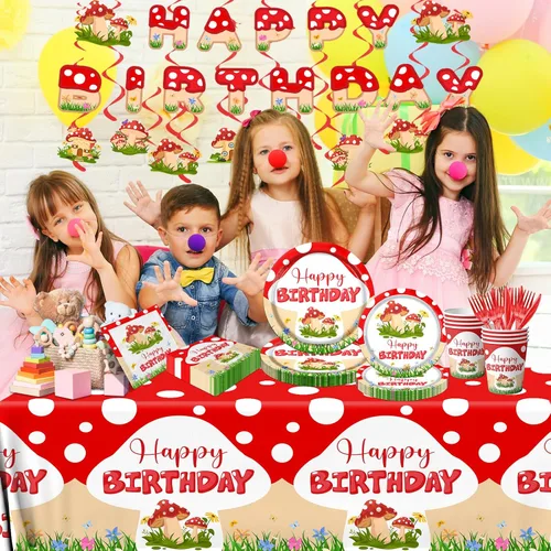 Miniatura 2 de Decoraciones de cumpleaños de hongos, 150 piezas de vajilla de fiesta temática de hongos, incluye platos, servilletas, mantel, espirales colgantes