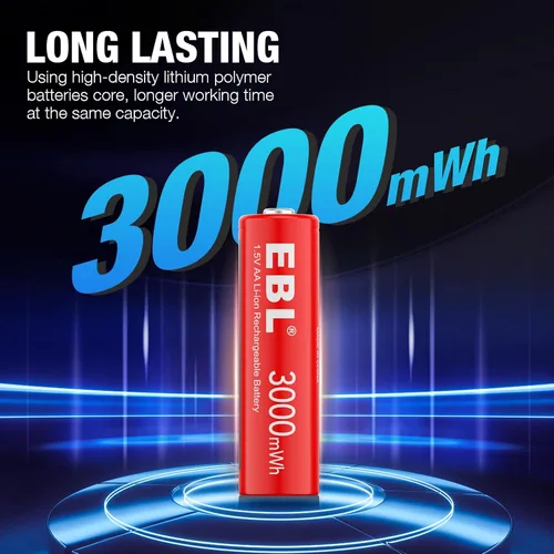 Miniatura 2 de EBL Paquete de 8 Baterías Recargables AA de Litio, Baterías Recargables AA de 1.5V 3000mWh, Baterías Doble A de Larga Duración