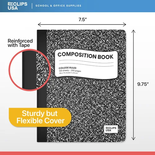 Miniatura 2 de Cuaderno de composición con rayas universitarias, cuaderno de composición de mármol negro a granel con rayas universitarias, tapa dura, 100 hojas