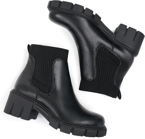 Miniatura 5 de JABASIC Botas de tobillo gruesas para mujer, botas Chelsea elásticas