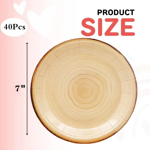 Miniatura 2 de 40 piezas de suministros de fiesta de grano de madera, platos de papel de grano de madera de 7 pulgadas, platos de postre de rebanadas de madera