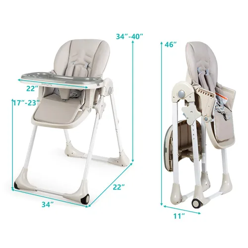 Miniatura 7 de BABY JOY Silla alta convertible para bebés y niños pequeños, altura ajustable, silla alta Grow & Go con reclinación y reposapiés, bandeja doble Gris