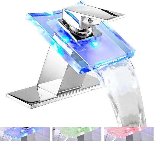 Grifo de baño Luz LED 3 colores cambiantes Cascada Caño de vidrio Mezclador de agua caliente y fría Mezclador de agua fría y caliente de un solo