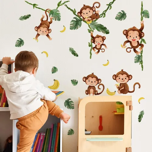 Miniatura 2 de Runtoo Calcomanías de pared de árbol trepador de mono, animales de la selva, calcomanías de arte de pared para dormitorio de niños, guardería y Mono