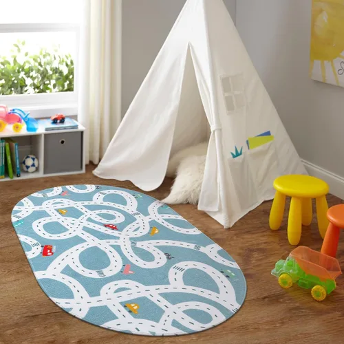 LIVEBOX Alfombra de Juego Antideslizante Azul de 3'x5' para Niños, Alfombra de Carretera Lavable a Máquina para Sala de Juegos, Alfombra de Sala de