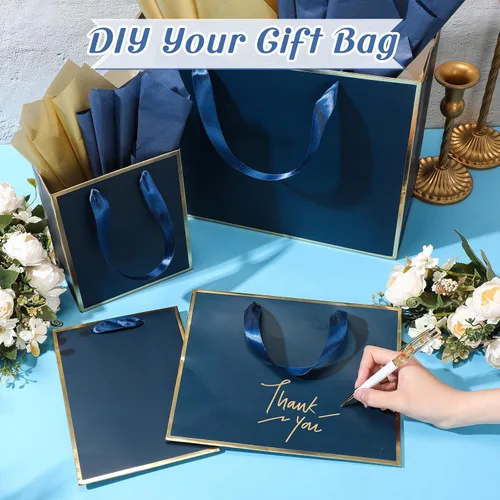 Miniatura 4 de Yeaqee 12 bolsas de regalo de papel metálico con asa, tamaño surtido, incluye 8, 10, 13 pulgadas, bolsa de regalo de agradecimiento de 5 sentidos