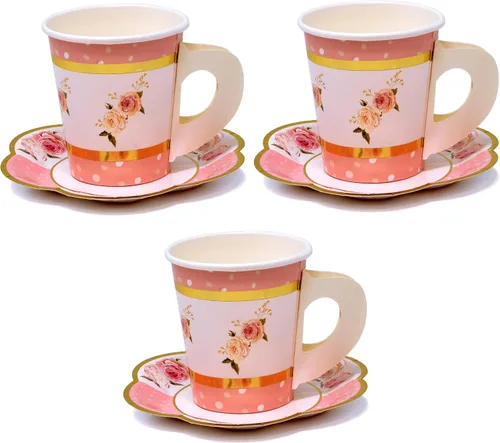 Gift Boutique Juego de 36 tazas de té de papel con asas y 36 platillos en forma floral desechables para niños y adultos, cumpleaños, baby shower,