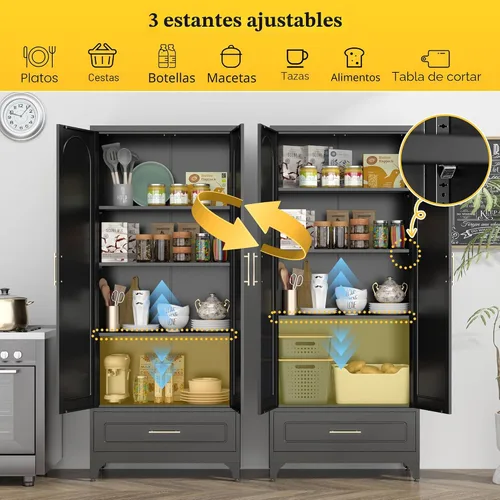 Miniatura 6 de SteeLoong - Gabinete de almacenamiento de metal con cajones, gabinetes de despensa negros de 75 pulgadas para almacenamiento de cocina con 3