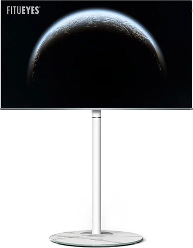 FITUEYES Soporte de TV esquinero para 37 a 65 pulgadas, soporte de TV blanco moderno de mediados de siglo con base de vidrio texturizado de mármol y