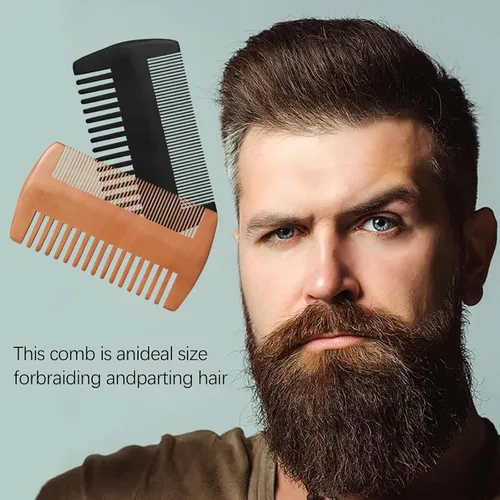 Miniatura 5 de Kit de peine de madera para barba, dientes finos y gruesos de doble acción, color madera y peine de bolsillo negro para barbas, bigotes y cuidado