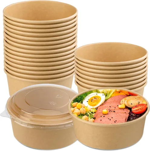 Tazones desechables de 25 onzas con tapas, paquete de 25 tazones grandes de papel kraft con tapas, recipiente redondo de papel para alimentos fríos