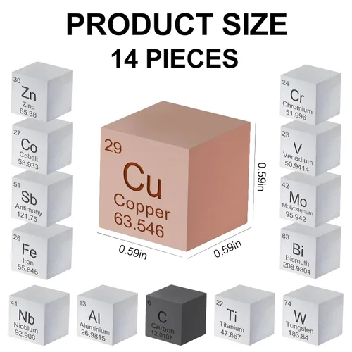 Miniatura 2 de Juego de 14 cubos de elementos de 0.59 pulgadas, cubo de tungsteno de metal, tabla periódica de elementos, tungsteno, molibdeno, titanio, níquel