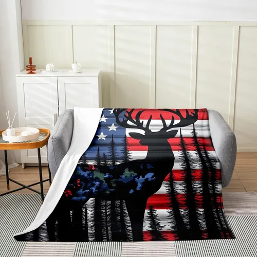 Miniatura 2 de Erosebridal American Flag Throw Blanket 40x50 Inch Sofa Bed Couch Decor,Rustic Deer Hunting Fleece Blanket for Kids Boys Girls,Farmhouse Cabin Bed