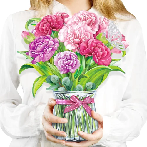 Airpark - Tarjeta desplegable de flores 3D, tarjeta de felicitación – Claveles rosas – Para mamá, abuela – Ideal para el Día de la Madre,