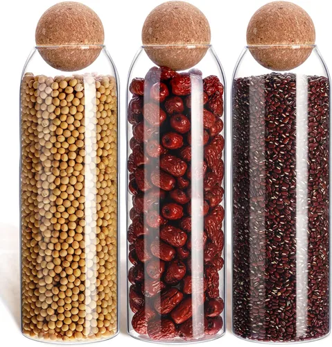 Miniatura 9 de 3 piezas de tarro de vidrio con tapa de corcho esférico decorativo, botella redonda sellada, recipiente de almacenamiento, organizador con sello