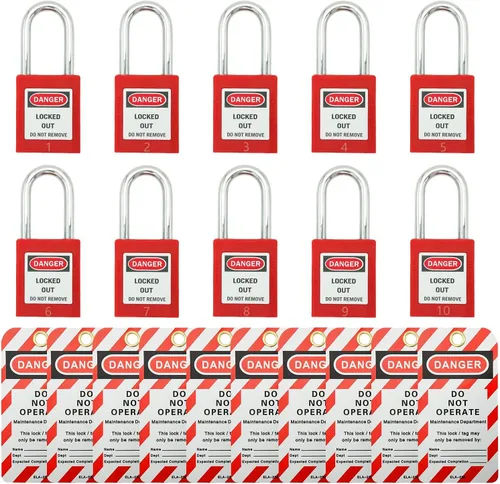 Miniatura 8 de SAFBY Loto - 7 candados de bloqueo diferentes con llave con 10 etiquetas de bloqueo, candados seguros para estaciones y dispositivos con 7 números