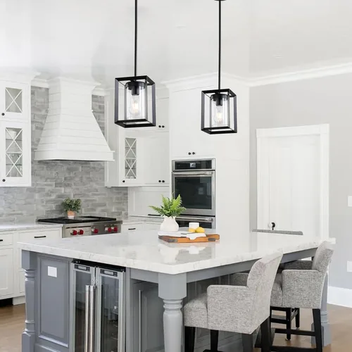 Miniatura 4 de Paquete de 1 lámpara colgante de isla de cocina negra de granja, altura ajustable, barra de metal colgante moderna con jaula de metal, pantalla