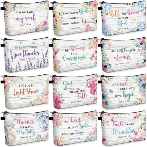 Miniatura 11 de Chunful 12 Piezas Regalos Cristianos Inspiradores Bolsas de Maquillaje Religiosas a Granel para Mujeres Bolsa de Cosméticos con Versículos Bíblicos