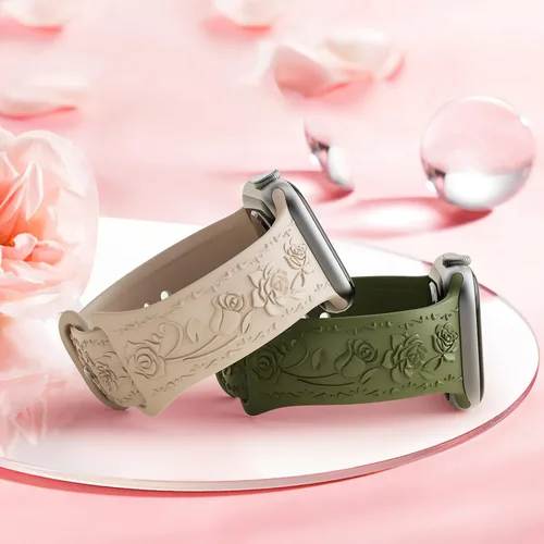 Miniatura 2 de 3 Packs Floral Engraved Bands Compatible with Apple Watch Band 40mm 41mm 38mm 42mm 44mm 45mm 49mm for Women, Silicone Cute Embossed Rose Apple Watch