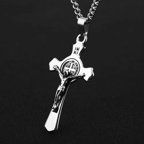 Miniatura 3 de HZMAN Religión Acero Inoxidable Saint St. Benedict Crucifijo Cruz Colgante Collar INRI