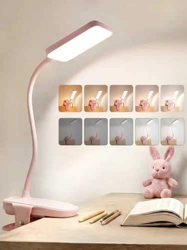 Lámpara de escritorio rosa linda luz de lectura, 45 modos de luz regulable con clip con batería de 4000 mAh, lámpara de escritorio recargable de 450
