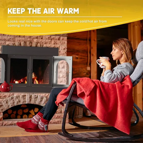 Miniatura 4 de TOCRETOARE Puerta de chimenea, puertas de lugares de fuego con pantalla y decoración de vidrio, protector de malla de hierro para chimeneas