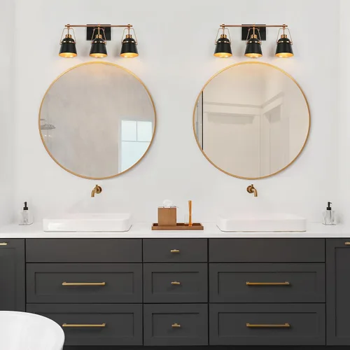 Miniatura 4 de Lámparas de baño de oro negro, modernas luces de tocador de granja sobre el espejo, 3 luces de cobre dorado con pantalla de metal y artesanía Negro