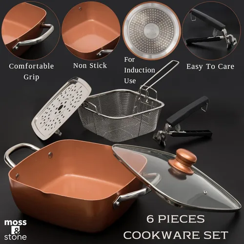 Miniatura 2 de Moss & Stone 6 Piezas Juego de Utensilios de Cocina Chef de Cobre Antiadherente Sartén Honda para Freír 9.5" x 3.5", Canasta para Freír, Rejilla 6
