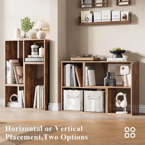 Miniatura 4 de MapleGrace Organizador de almacenamiento de 6 cubos, estantes de almacenamiento de madera con paneles traseros, estantería apilable para sala