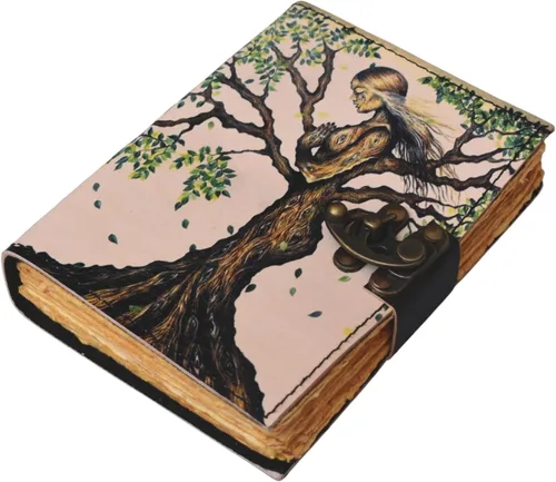 Libro de sombras en blanco con cierre de cerradura, diario de cuero hecho a mano vintage con oración en relieve, brujería antigua, cuaderno Wiccan