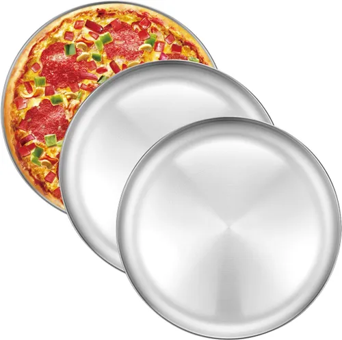 Miniatura 9 de Deedro Bandeja de pizza de 12 pulgadas, bandeja de pizza de acero inoxidable para horno, platos redondos para pastel de galletas, ensalada de pizza