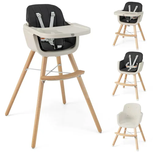 Miniatura 12 de BABY JOY Trona convertible para bebé, 3 en 1, silla alta de madera/asiento elevador/silla con bandeja extraíble, patas ajustables, arnés de 5