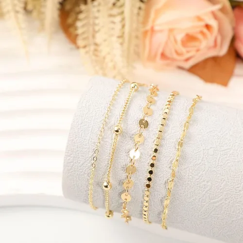 Miniatura 6 de LEXODY Pulseras de oro para mujer, juego de pulseras de espiga de oro de 14 quilates, delicadas joyas de espiga apilables, cadena fígaro, cadena
