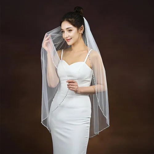 Miniatura 2 de HONGMEI Velo de novia para novias hecho a mano con borde de cuentas de cristal 1 nivel velo de novia con peine