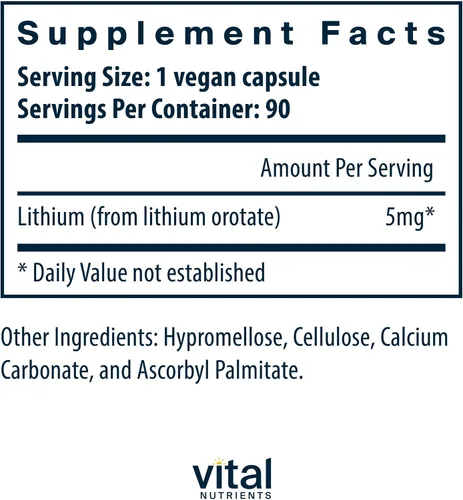 Miniatura 2 de Vital Nutrients Orotato de litio de 5 mg Suplemento vegano para apoyar la salud de la memoria y el comportamiento* 5 mg Sin gluten, lácteos