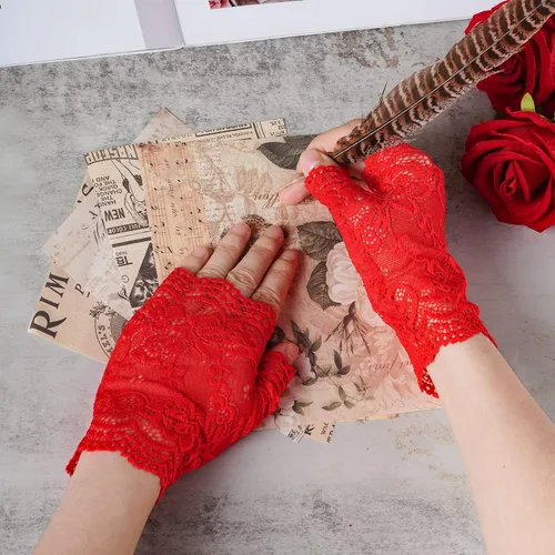 Miniatura 6 de obmwang 2 pares de guantes de encaje para mujer, guantes florales sin dedos, guantes de graduación para boda, fiesta, accesorios de disfraces