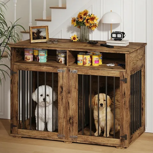 Miniatura 10 de Jaula para perros de 72 pulgadas para 2 perros, jaula de madera para perros con compartimento de almacenamiento, perrera de interior con 4 puertas