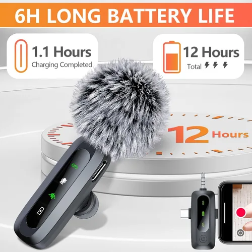 Miniatura 6 de Micrófono Lavalier inalámbrico 3 en 1 para iPhone, iPad, Android, cámara, paquete de 2 mini micrófonos profesionales con pantalla LED, clip