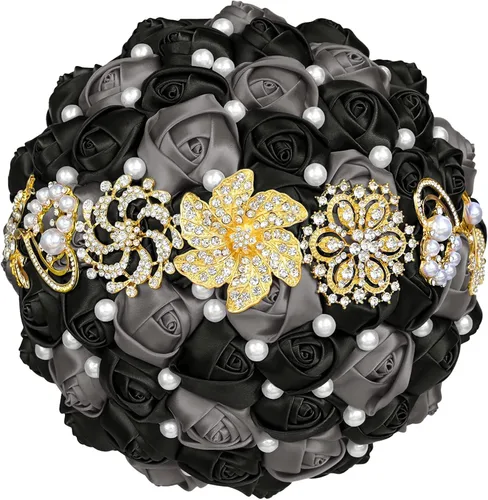 XINNI Broche de oro de lujo de 8 pulgadas, ramo de boda nupcial para novia, dama de honor, ramo de rosas de satén con perlas, color negro y gris