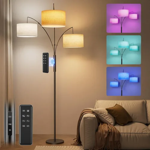 Miniatura 8 de SIBRILLE Lámpara de pie de arco RGB de 36 W con 3 pantallas de tela blanca, lámpara de pie súper brillante de 3000 lm con control remoto y táctil