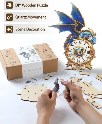 Miniatura 4 de Rompecabezas de madera 3D para adultos, kit de modelo de reloj de dragón azul con péndulo, rompecabezas 3D para adultos, kit de reloj de pared DIY